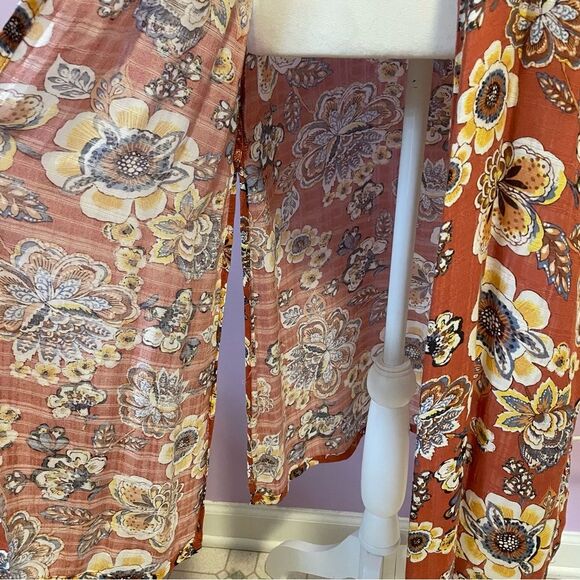 H.I.P Retro Orange Floral Duster Kimono Short Bell Sleeves Open Front Rayon M/L - Picture 6 of 12